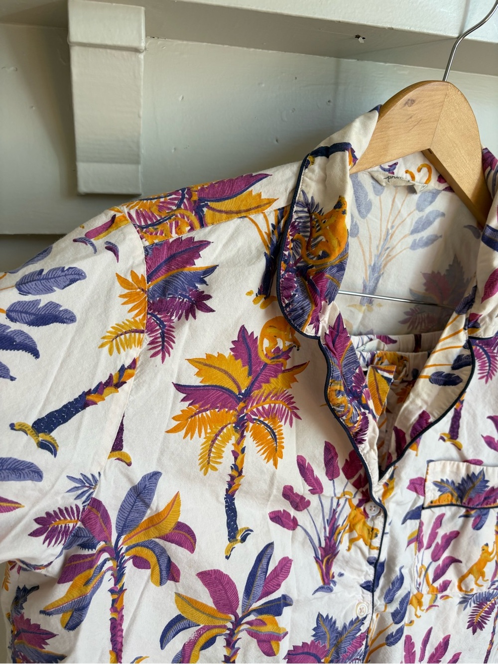 Tropical Palm Short Pajama Set in Cream with Purple & Yellow Print - Picture 4 of 10